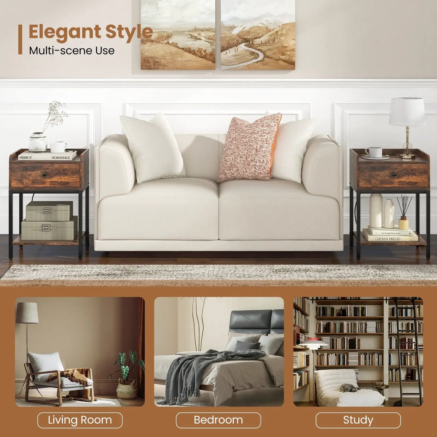 Industrial nightstands with charging stations (two) flank beige sofa; black metal DirectDeals on Tampa Home & Garden Store