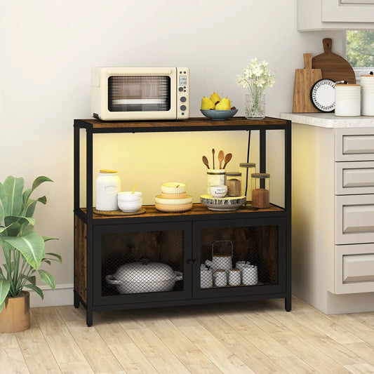 Industrial coffee bar cabinet with LED lighting, black metal frame, wood top DirectDeals on Tampa Home & Garden Store