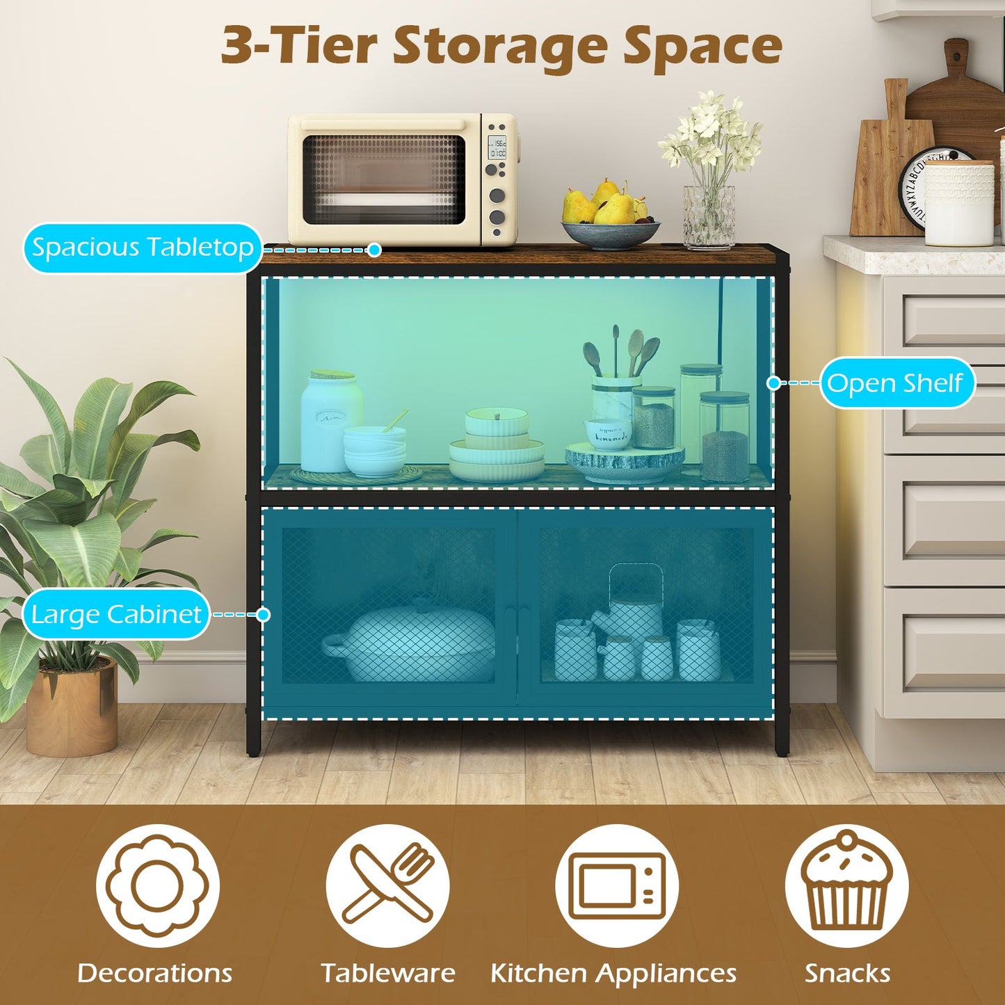 Industrial Coffee Bar Cabinet with LED Lighting DirectDeals; black frame, teal glass doors on Tampa Home & Garden Store