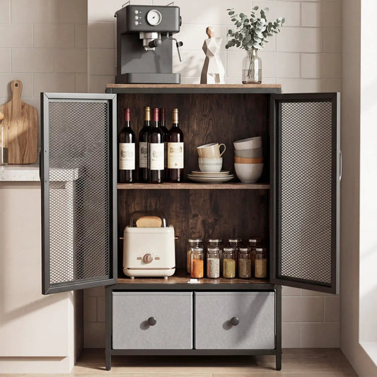 Industrial Coffee Bar Cabinet With 2-Tier Storage