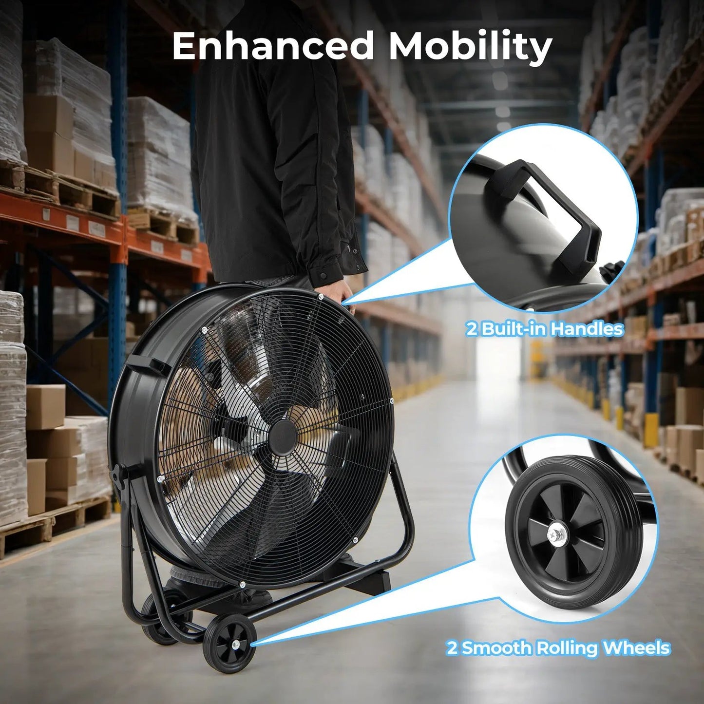 Industrial Drum Fan with 2 Wheels and 360-Degree Adjustable Tilt-Black - Tampa Home & Garden Store