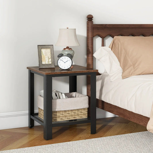 Industrial 2-tier end table with black metal frame and wood top, lamp, clock and framed art on Tampa Home & Garden Store