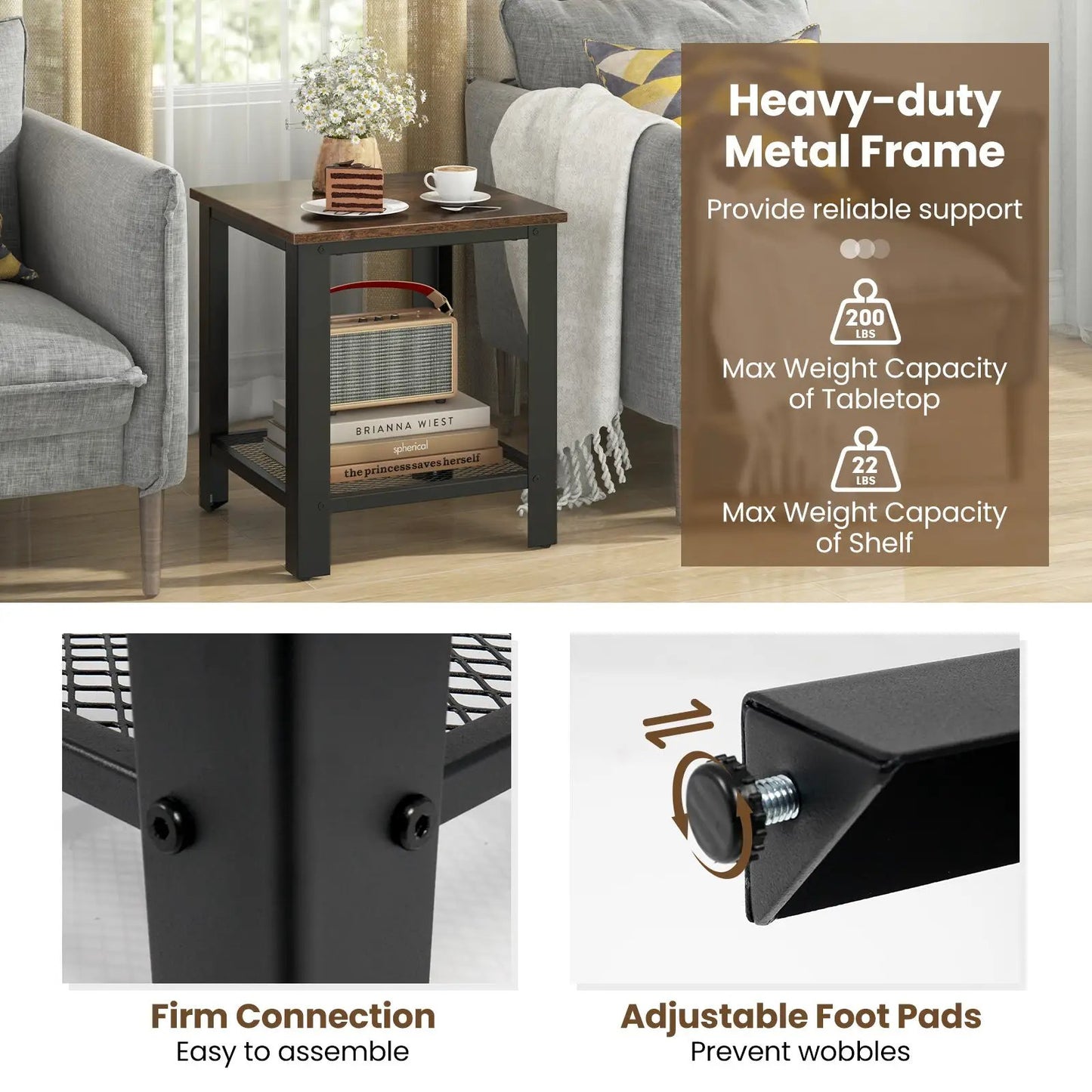 Industrial 2-tier end table in black metal frame with wood top and lower shelf on Tampa Home & Garden Store