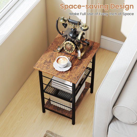 Three-tier end table with wood top and black metal frame, space-saving nightstand featuring a vintage rotary phone on top on Tampa Home & Garden Store