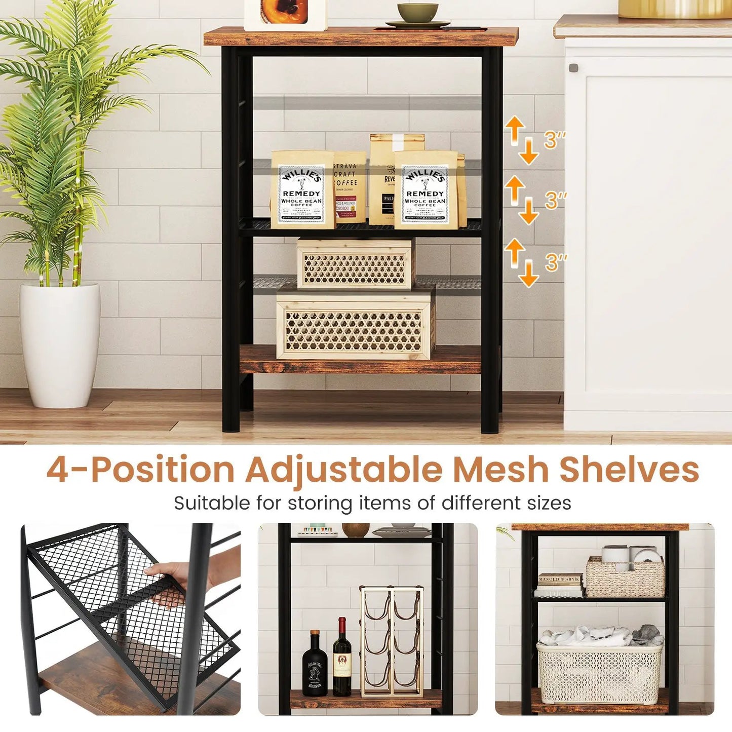 Three Tier End Table Nightstand with wood top and black metal frame, mesh shelves for storage on Tampa Home & Garden Store