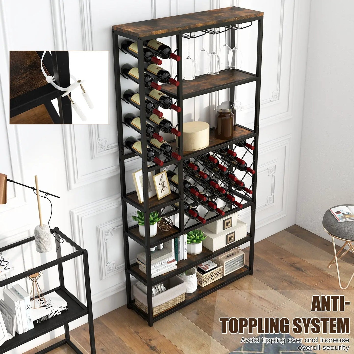 Industrial Floor Wine Rack with 3 Rows of Stemware Racks - Tampa Home & Garden Store