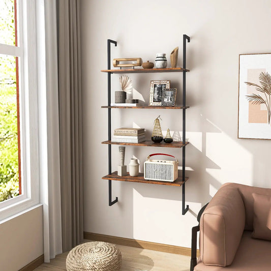 4 Tier Industrial Ladder Bookshelf with wood shelves and black metal frame wall-mounted on Tampa Home & Garden Store