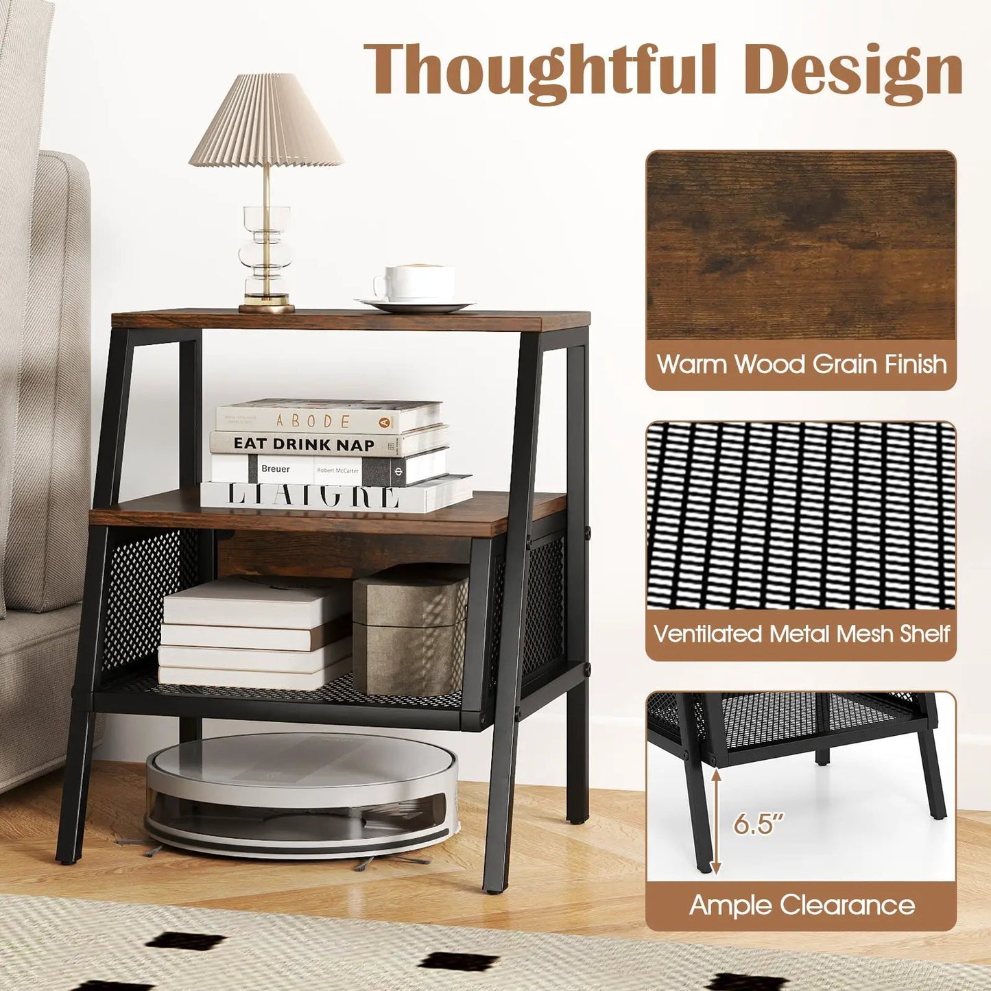 Industrial nightstand 3-tier end table DirectDeals with warm wood grain and metal mesh shelf on Tampa Home & Garden Store