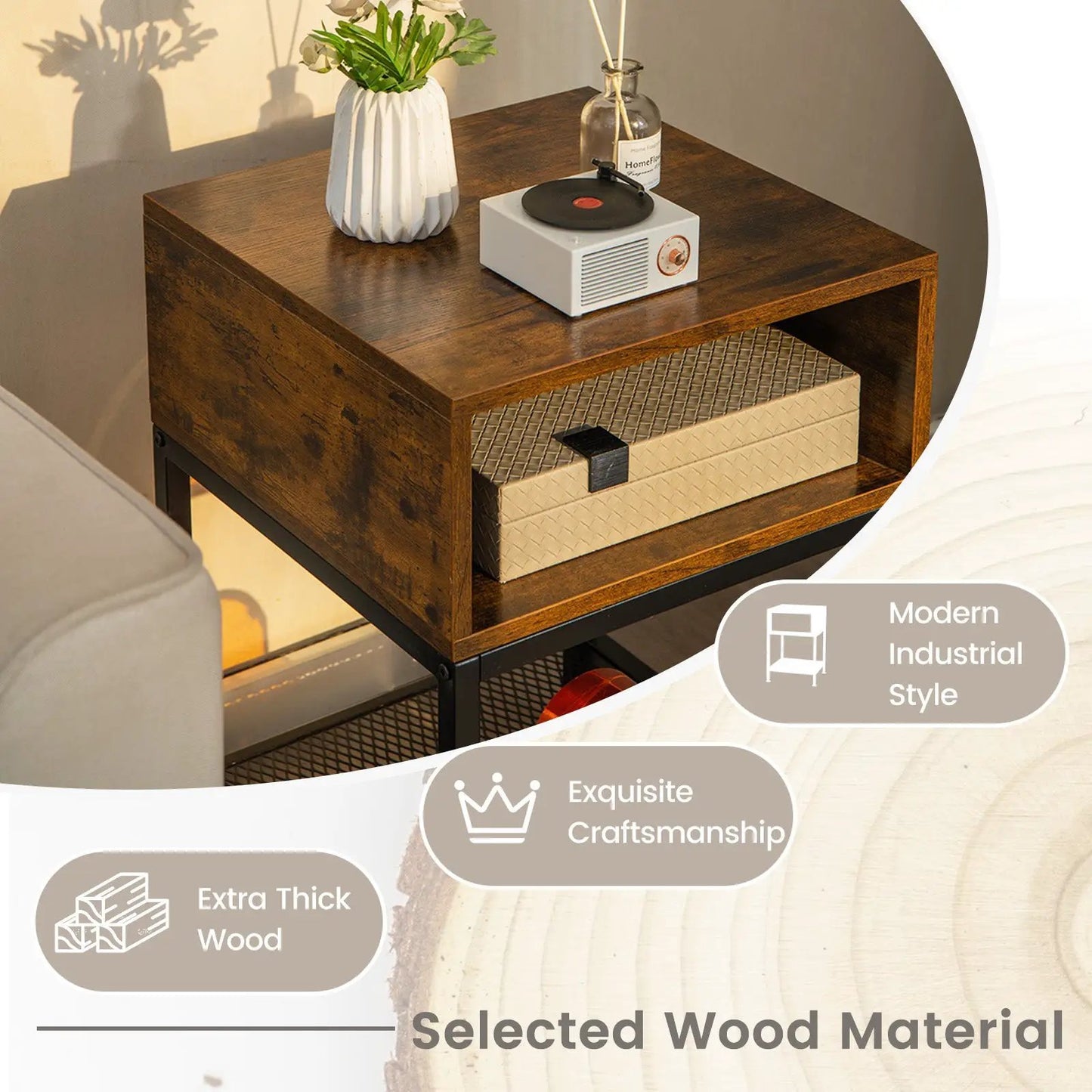 Industrial nightstand end table in dark wood with mesh shelf by DirectDeals on Tampa Home & Garden Store