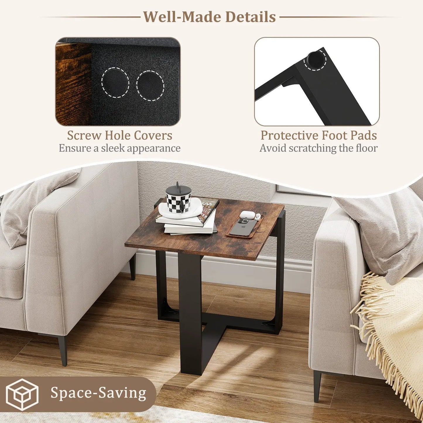 Industrial sofa end table with black metal frame and dark wood top between beige sofas on Tampa Home & Garden Store