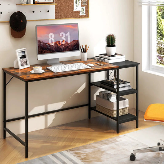 55 Inch Modern Industrial Desk with 2-shelf side unit, wood top, black metal frame on Tampa Home & Garden Store