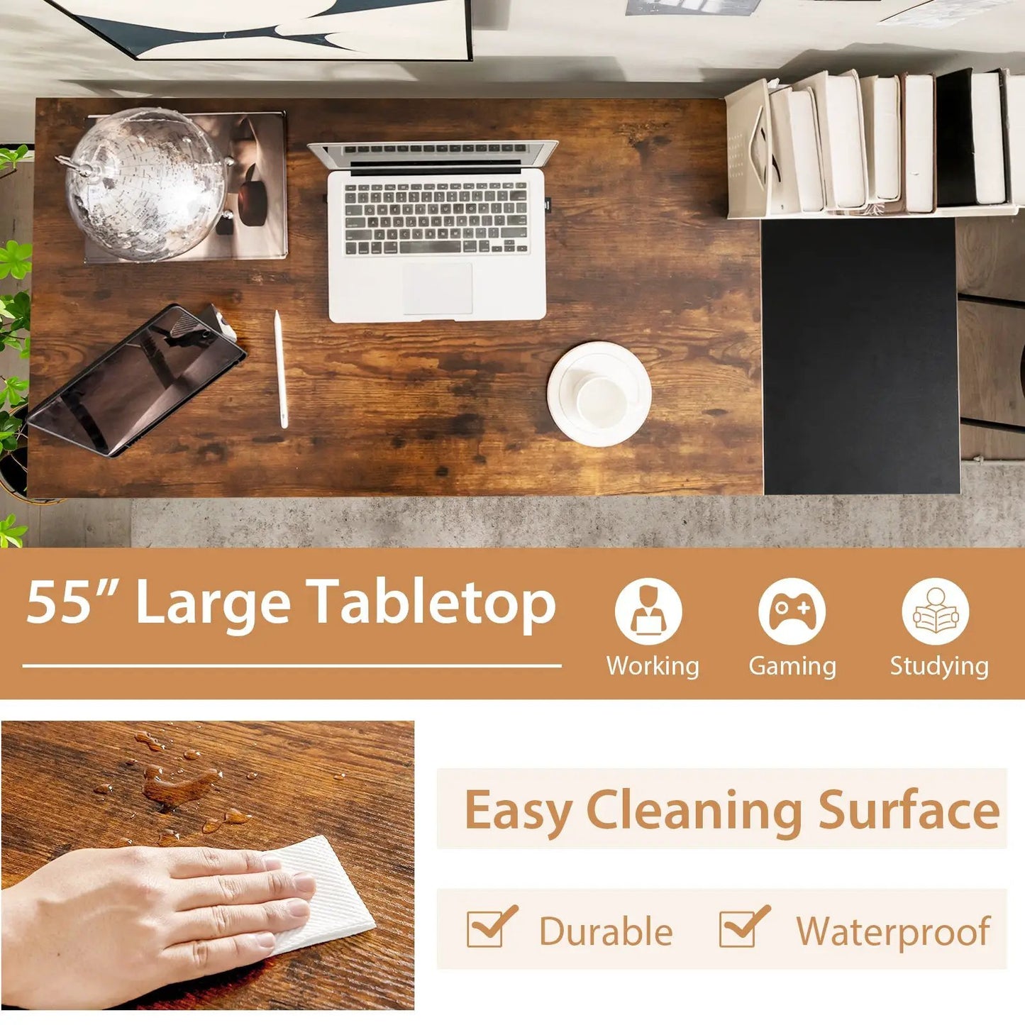 55 Inch Modern Industrial Desk With Shelves in dark wood finish with laptop, globe on Tampa Home & Garden Store