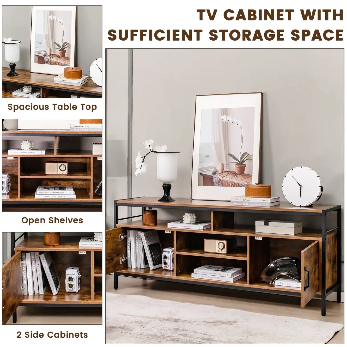 58-Inch Industrial TV Stand with Cabinets by DirectDeals in wood and black metal frame on Tampa Home & Garden Store
