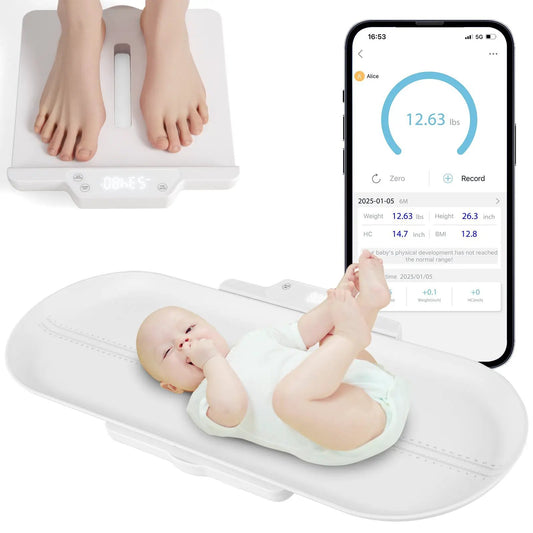 Infant scale with white detachable tray and digital readout; baby on scale with app weight on Tampa Home & Garden Store