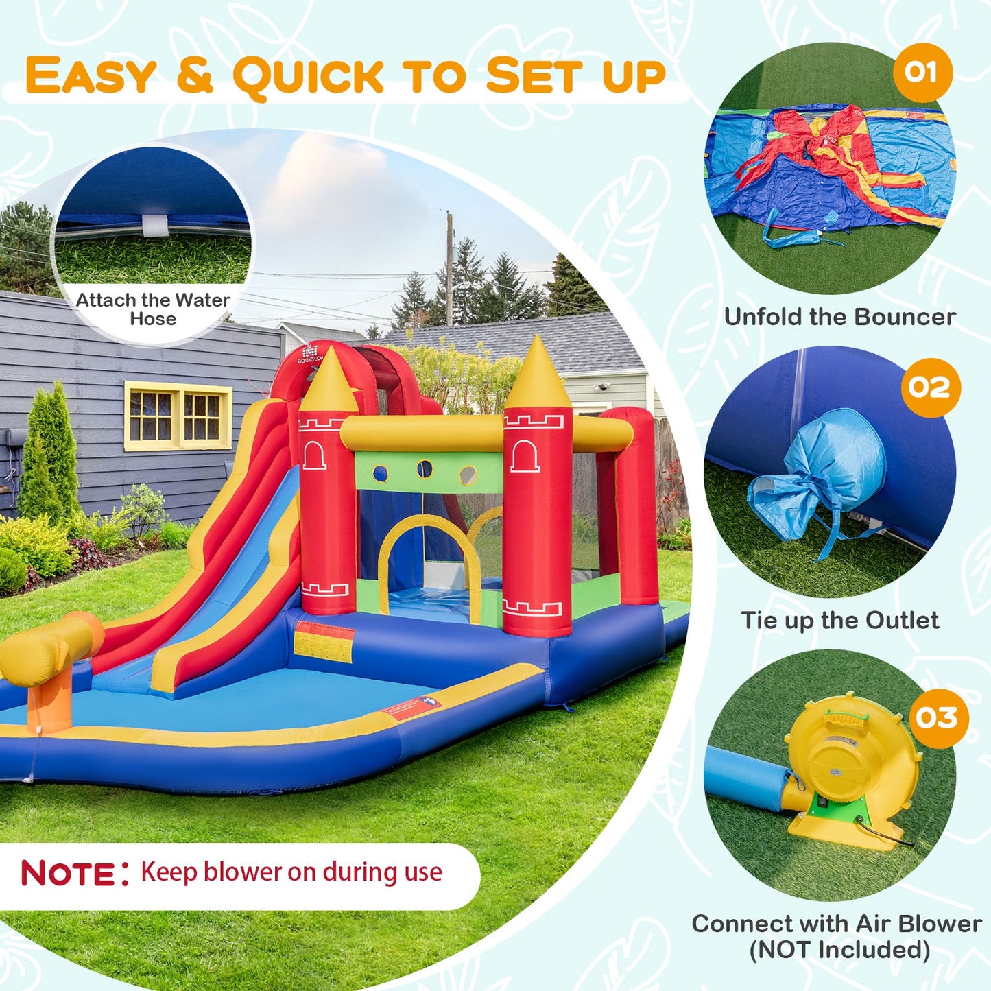 9-in-1 Inflatable Bounce Castle with Water Slide, colorful red yellow blue backyard setup on Tampa Home & Garden Store