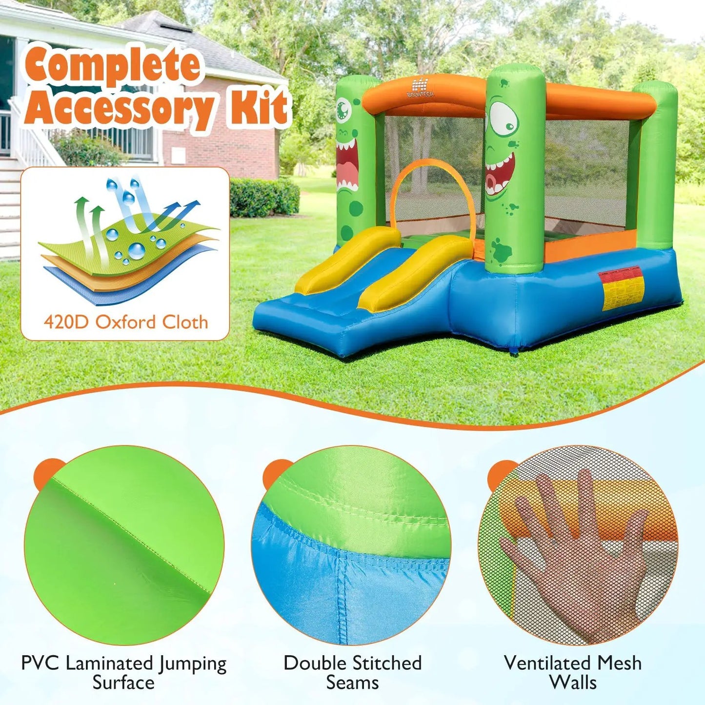 Inflatable Monster Bounce House with Jumping Area, green orange blue PVC surface on Tampa Home & Garden Store