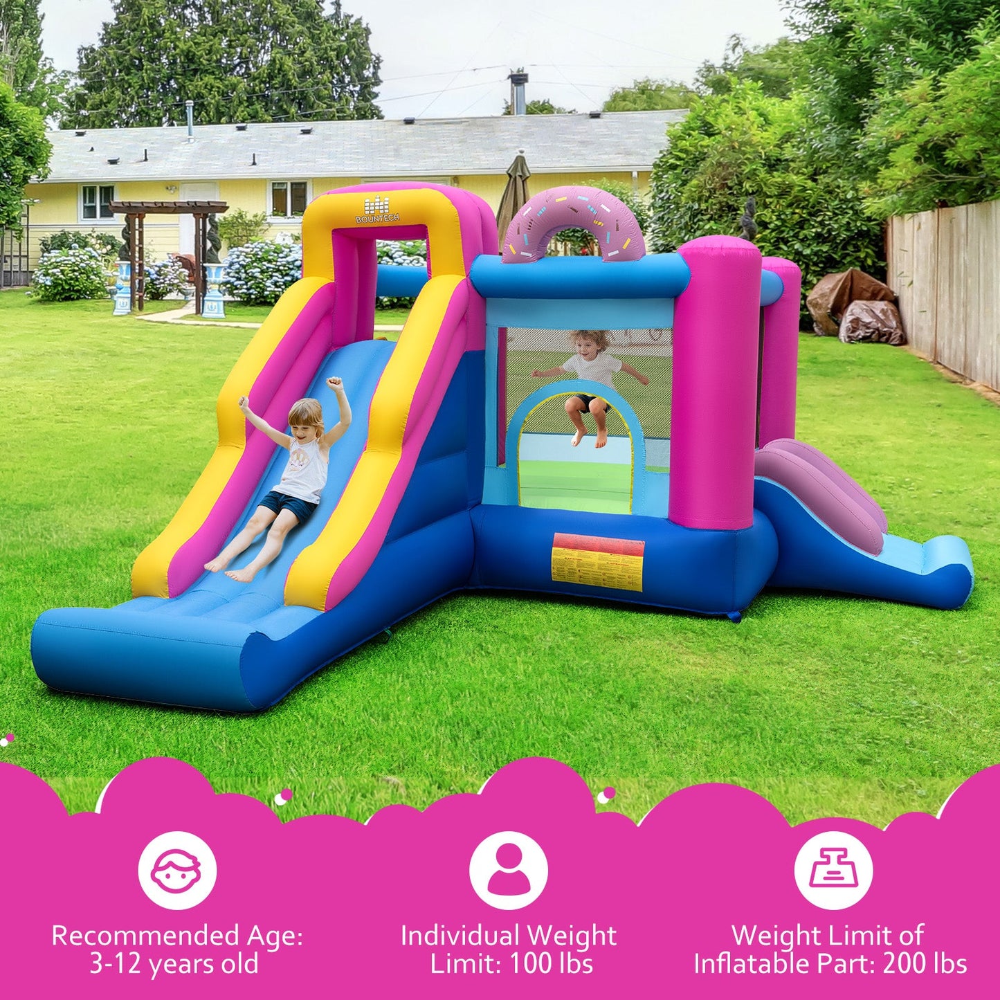 DirectDeals inflatable bounce house with slides and doughnut-themed arch in pink yellow blue on Tampa Home & Garden Store