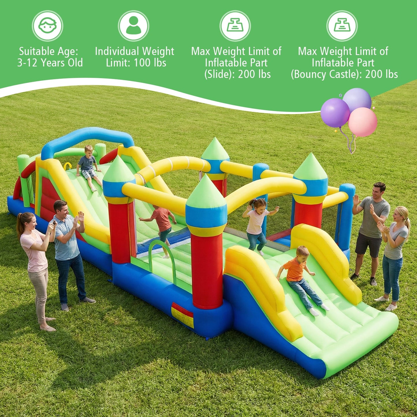 Inflatable Bounce House with 750W Blowers, colorful castle and slides on a grassy lawn on Tampa Home & Garden Store