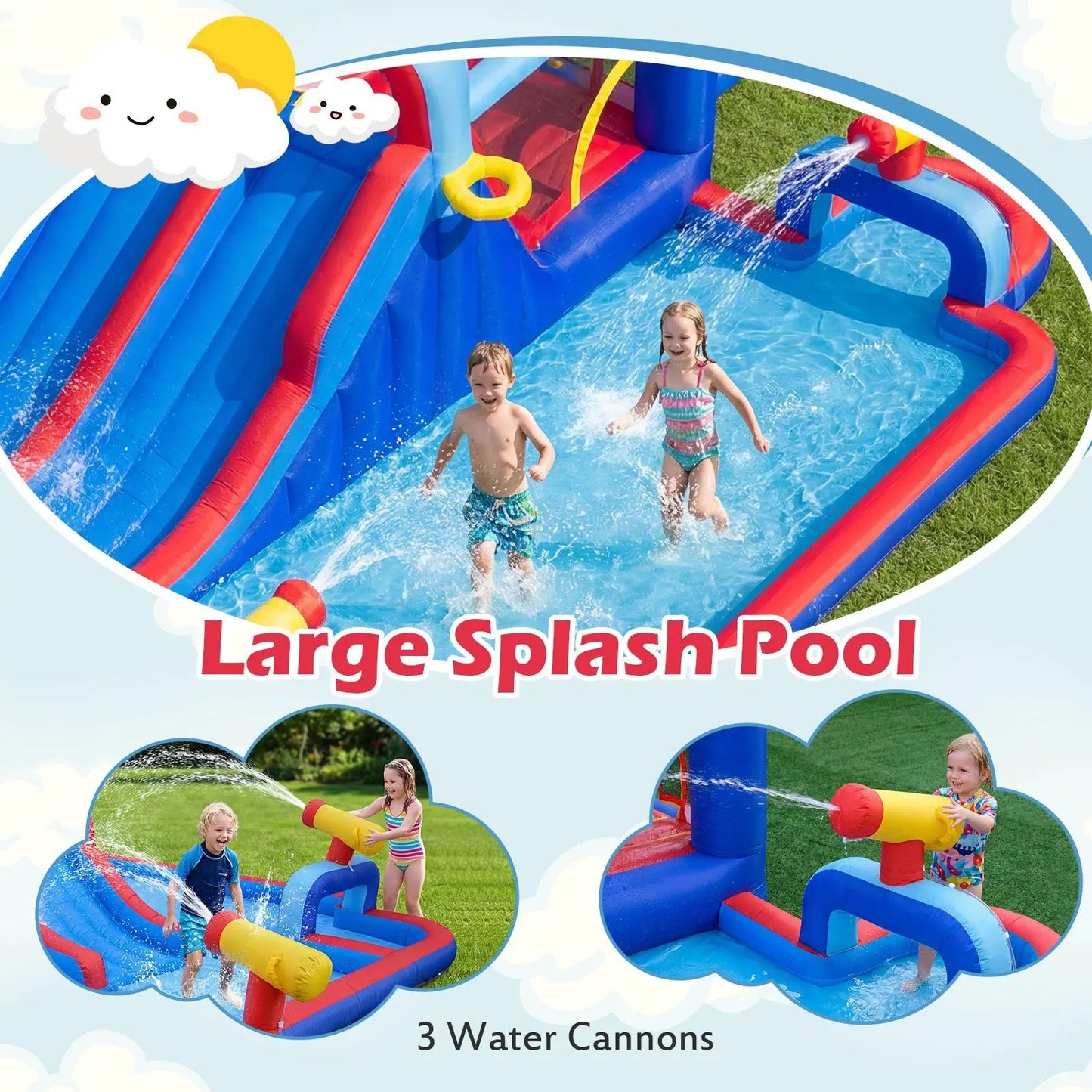 Inflatable bounce house water slide with two slides and three water cannons in blue and red on Tampa Home & Garden Store