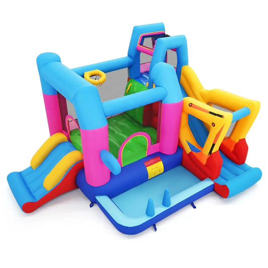 Inflatable bounce house 8-in-1 excavator theme with blower by DirectDeals, blue pink yellow accents on Tampa Home & Garden Store