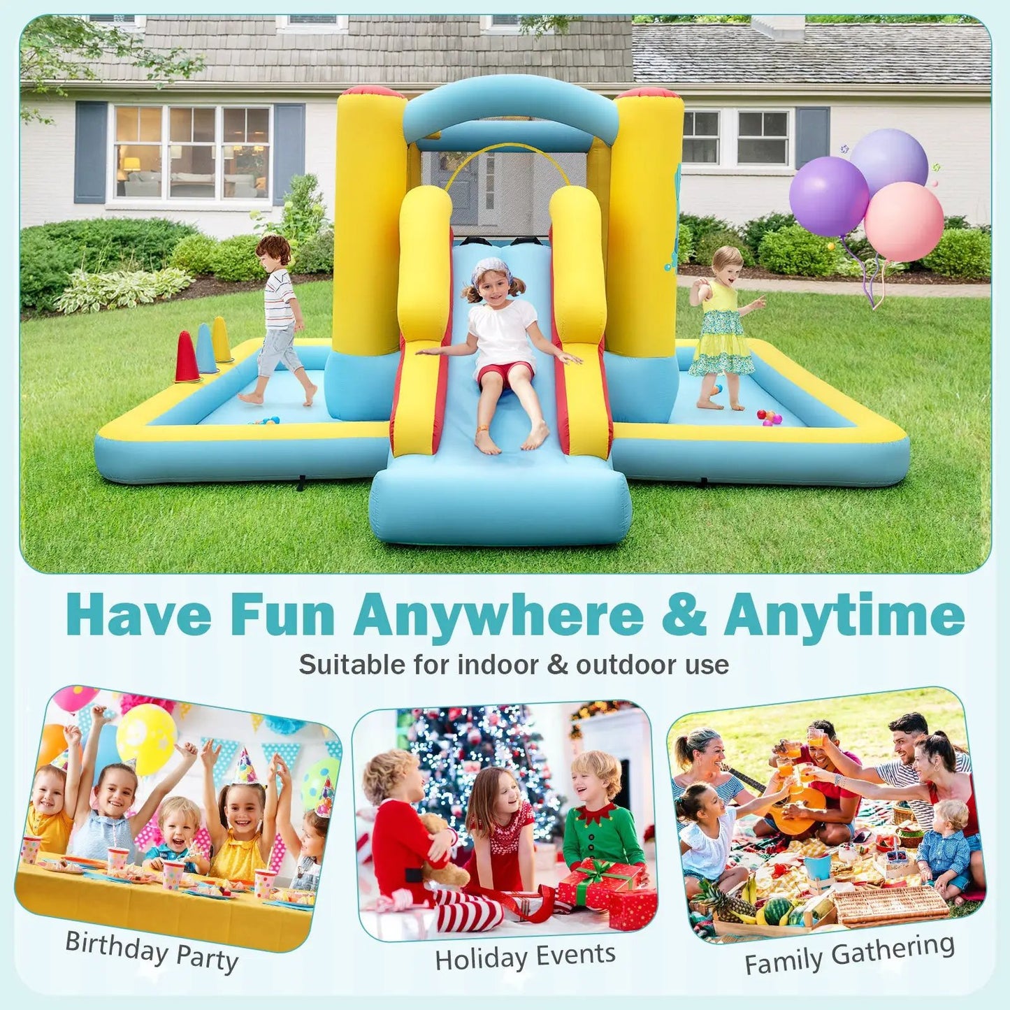 Bounce House 7-in-1 Castle inflatable with slide and tunnel, blue and yellow with red accents on Tampa Home & Garden Store