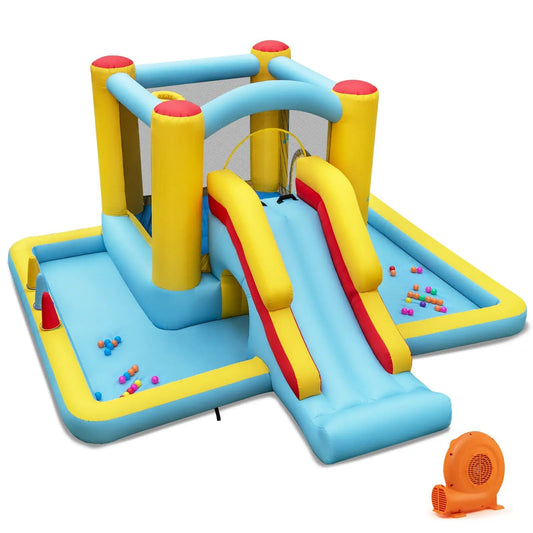 Inflatable bounce house 7-in-1 castle with slide in blue and yellow with red accents on Tampa Home & Garden Store