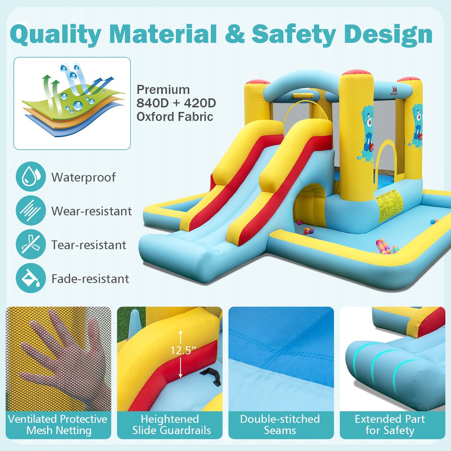 DirectDeals Inflatable Bounce House 7-in-1 Castle with Slide, colorful blue yellow red on Tampa Home & Garden Store