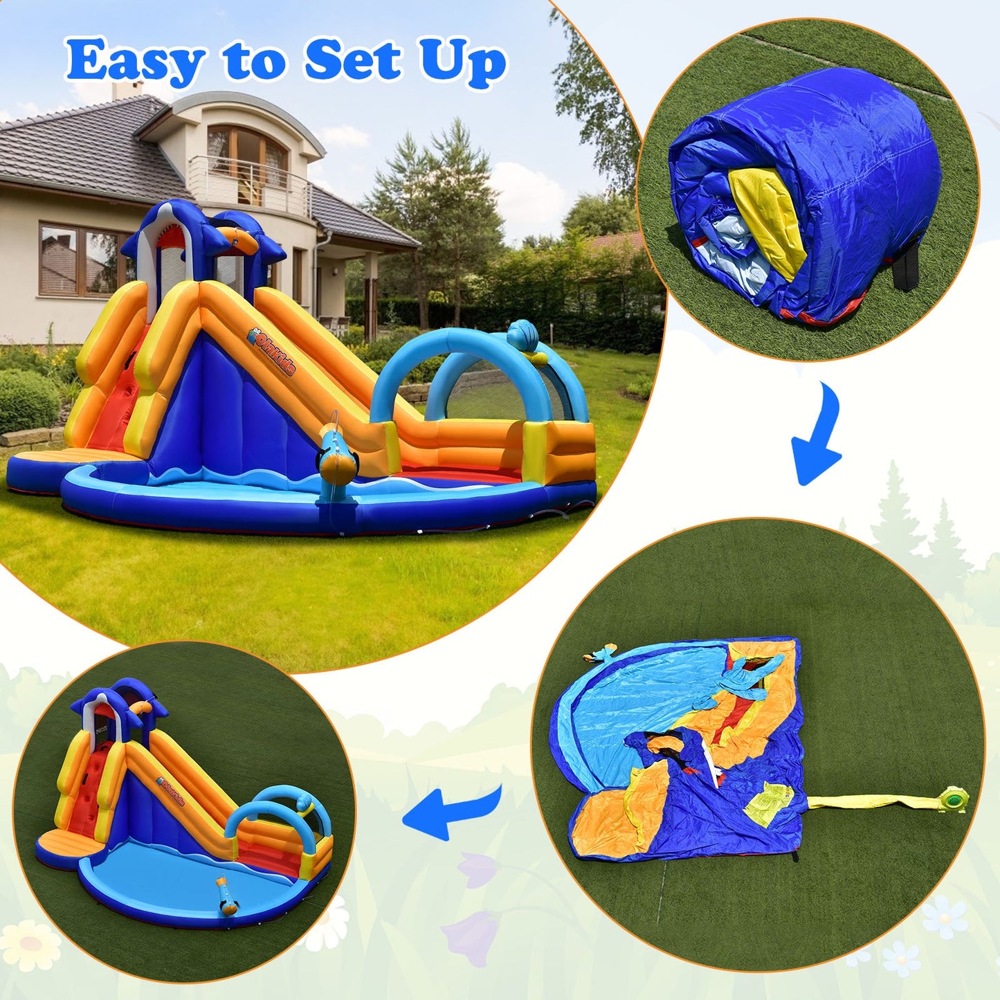 Inflatable Bouncy House With Slide and Splash Pool in blue yellow orange for backyard fun on Tampa Home & Garden Store