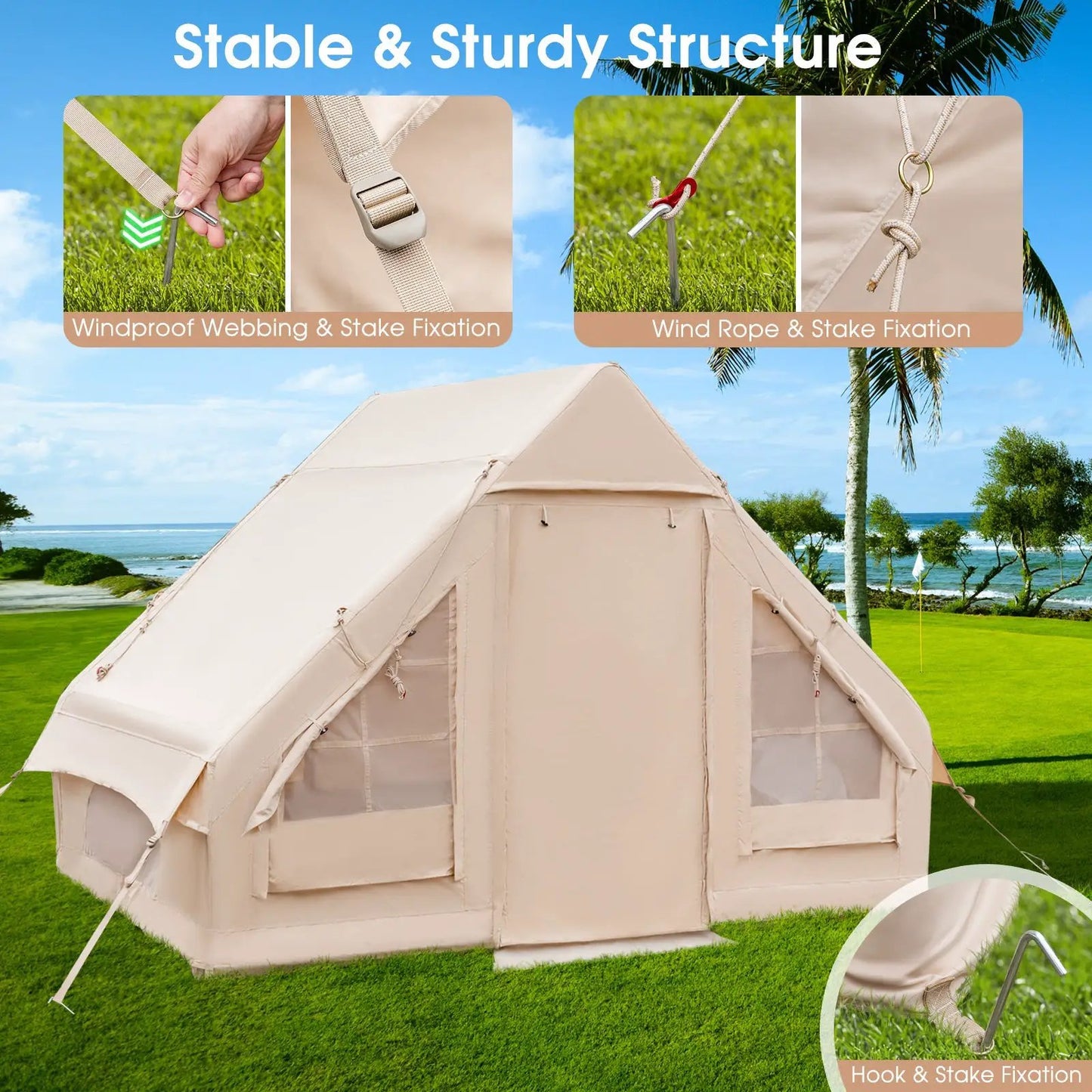 Beige inflatable camping tent for 2–6 people with pump on grassy beach lawn DirectDeals on Tampa Home & Garden Store