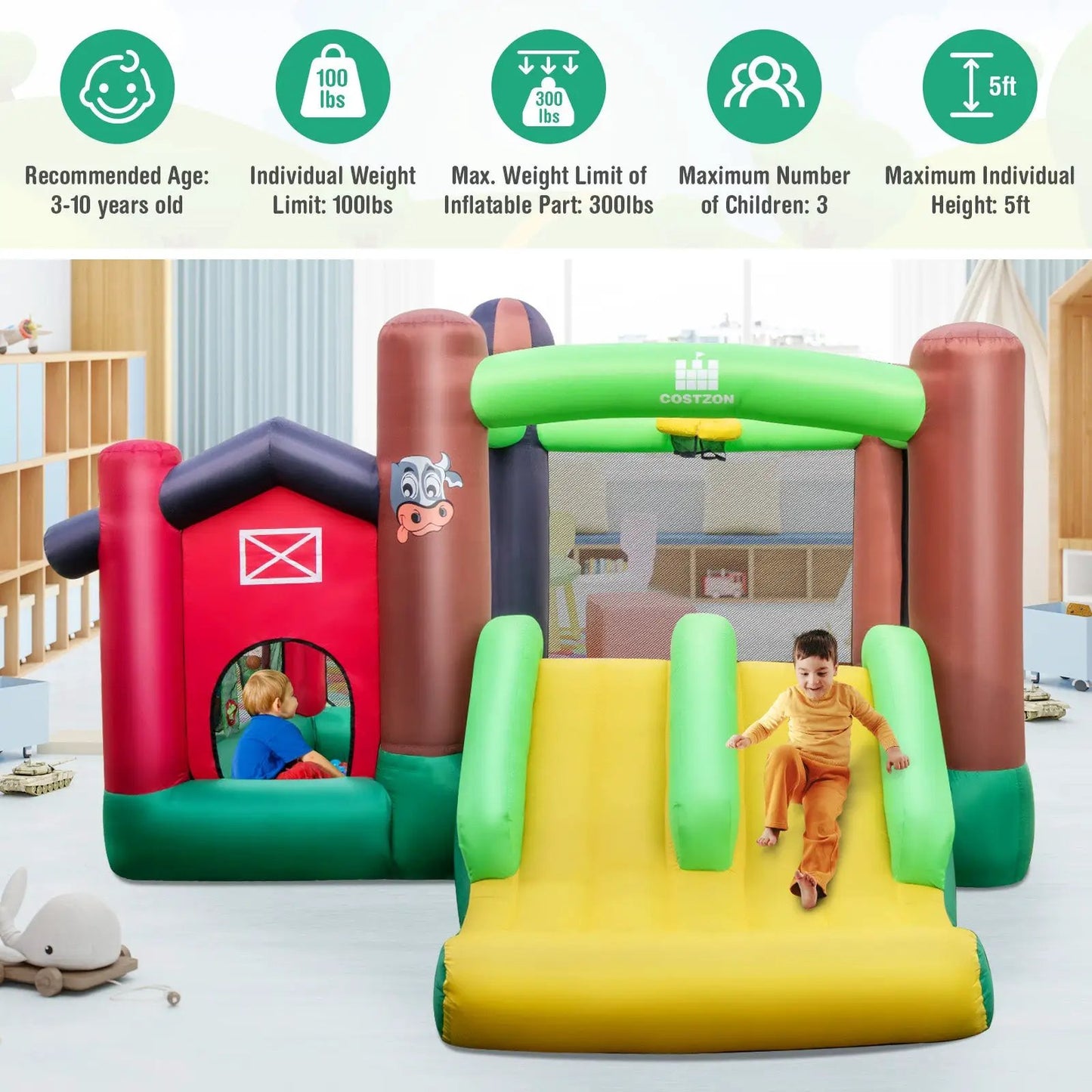 Farm Themed Inflatable Castle With Trampoline, green slide and red barn two-piece DirectDeals on Tampa Home & Garden Store