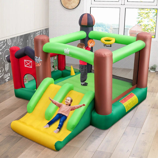 Farm themed inflatable castle with trampoline by DirectDeals, green and brown frame, yellow slide on Tampa Home & Garden Store
