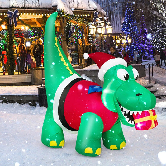 Inflatable dinosaur Christmas decoration with LED lights, green dragon in Santa hat on Tampa Home & Garden Store