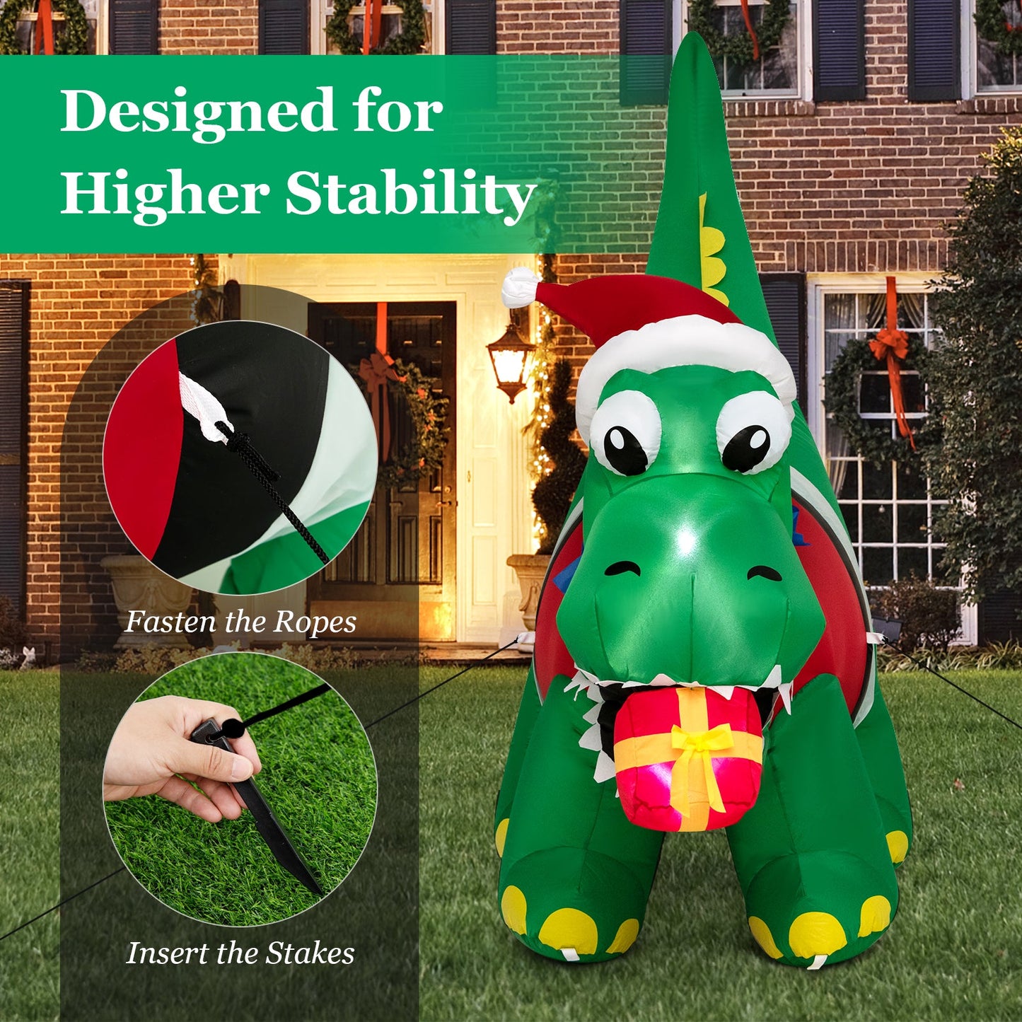 DirectDeals Inflatable Dinosaur Christmas Decoration With LED yard display wearing Santa hat on Tampa Home & Garden Store