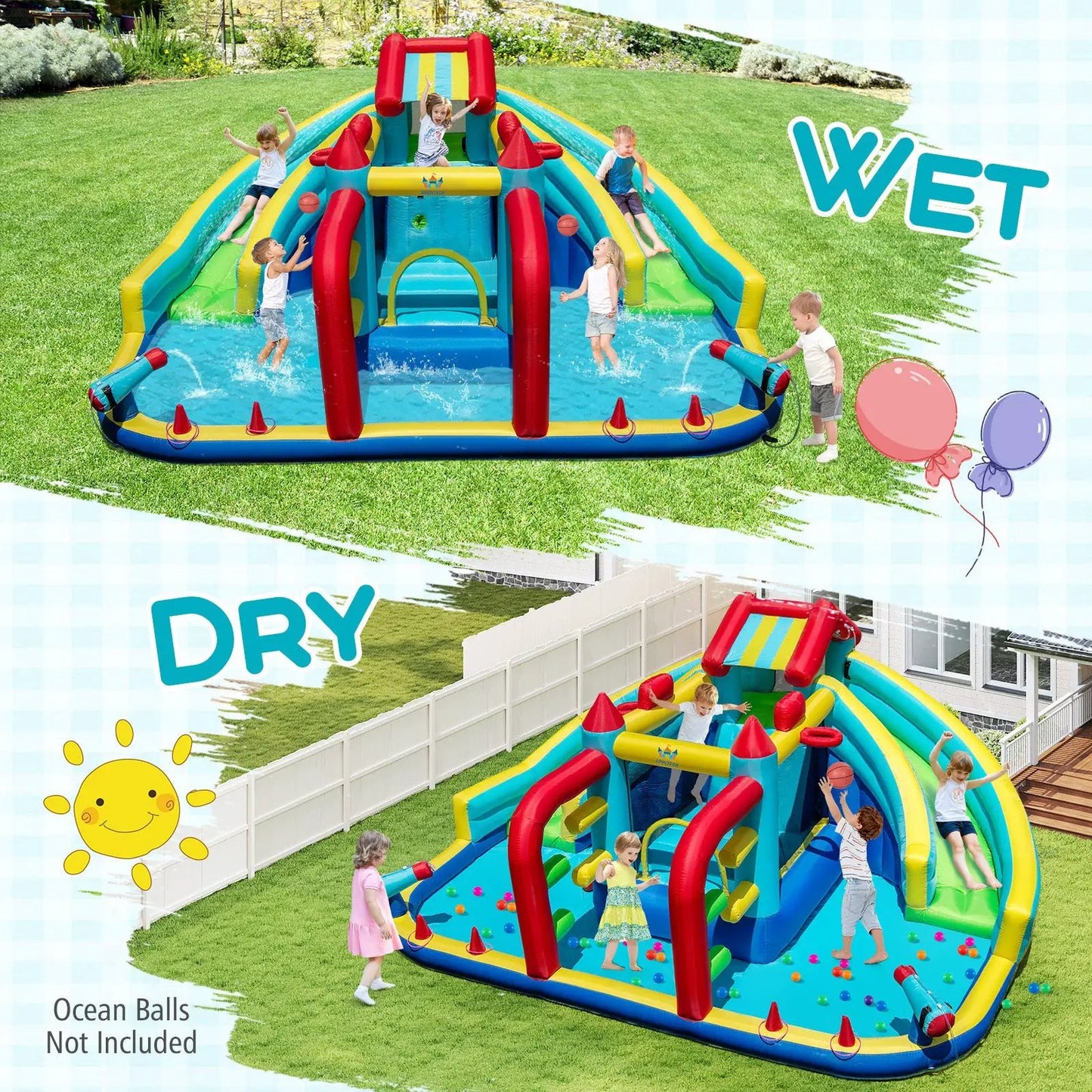 Inflatable Double Water Slide Park with 750W Blower and Obstacle Course - Tampa Home & Garden Store