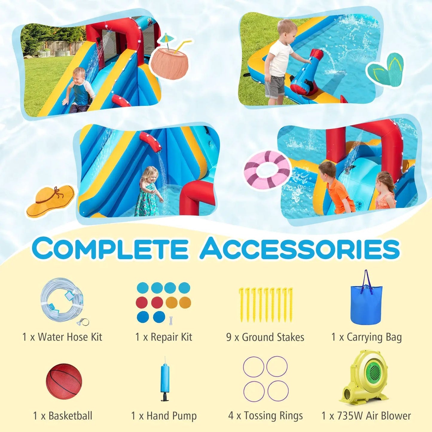 Inflatable Water Slide 9 in 1 Bounce House DirectDeals with blue yellow red slides and blower on Tampa Home & Garden Store