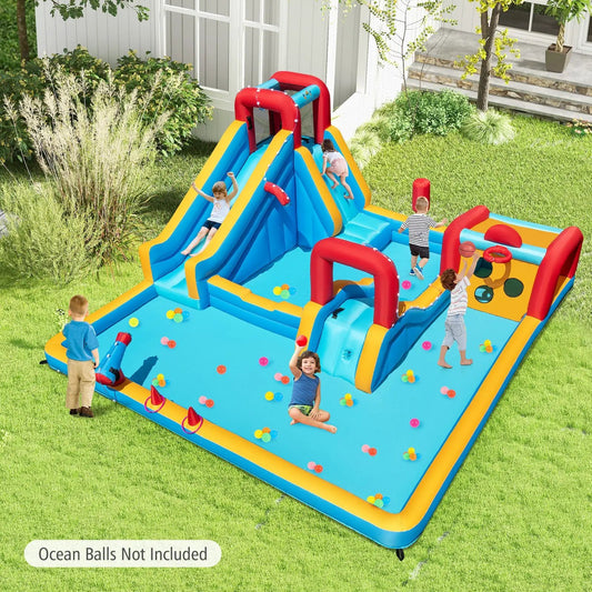 Inflatable double water slide park 9-in-1 bounce with blue yellow and red slides for fun on Tampa Home & Garden Store