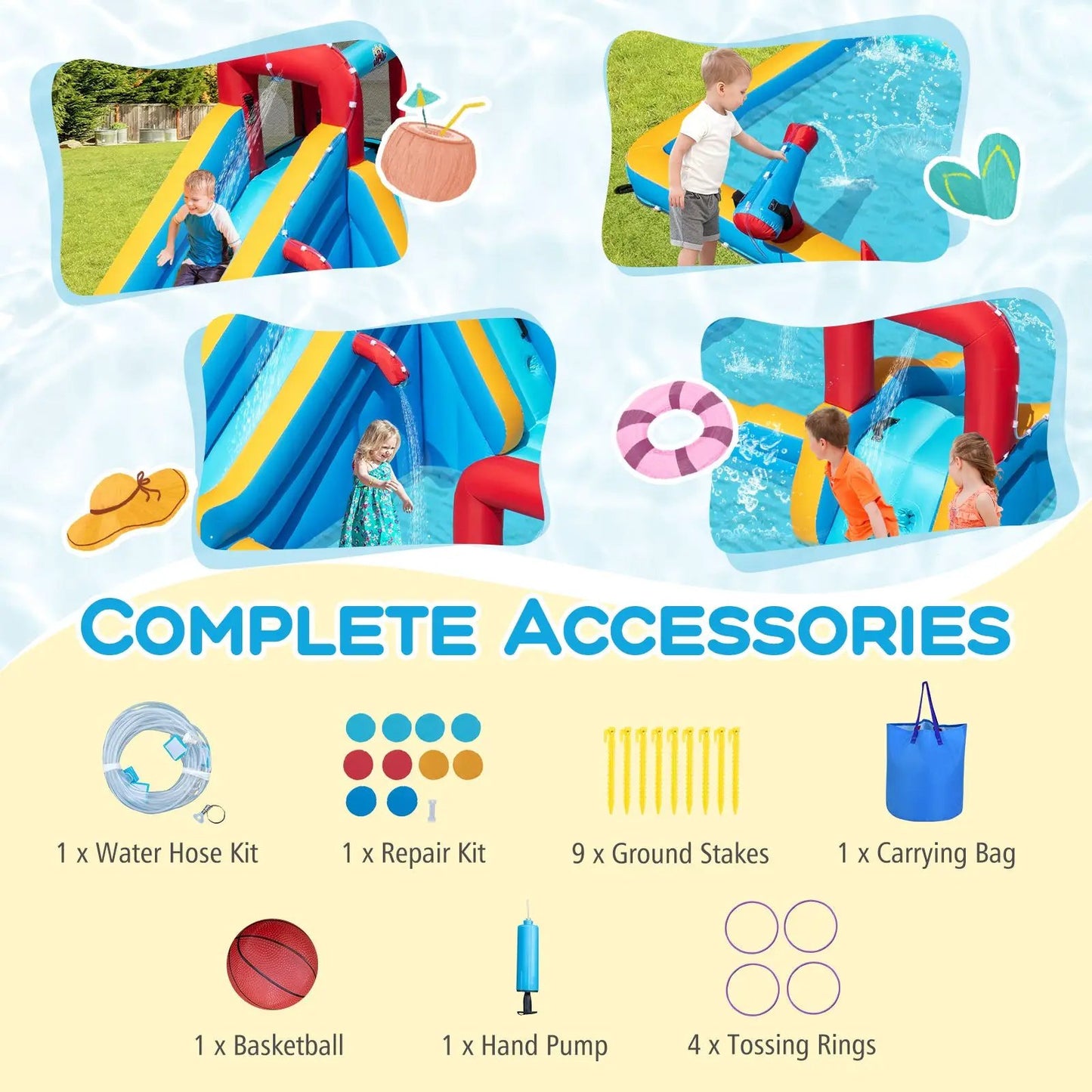 Inflatable Water Slide Park 9-in-1 bounce house by DirectDeals with blue-yellow slides on Tampa Home & Garden Store