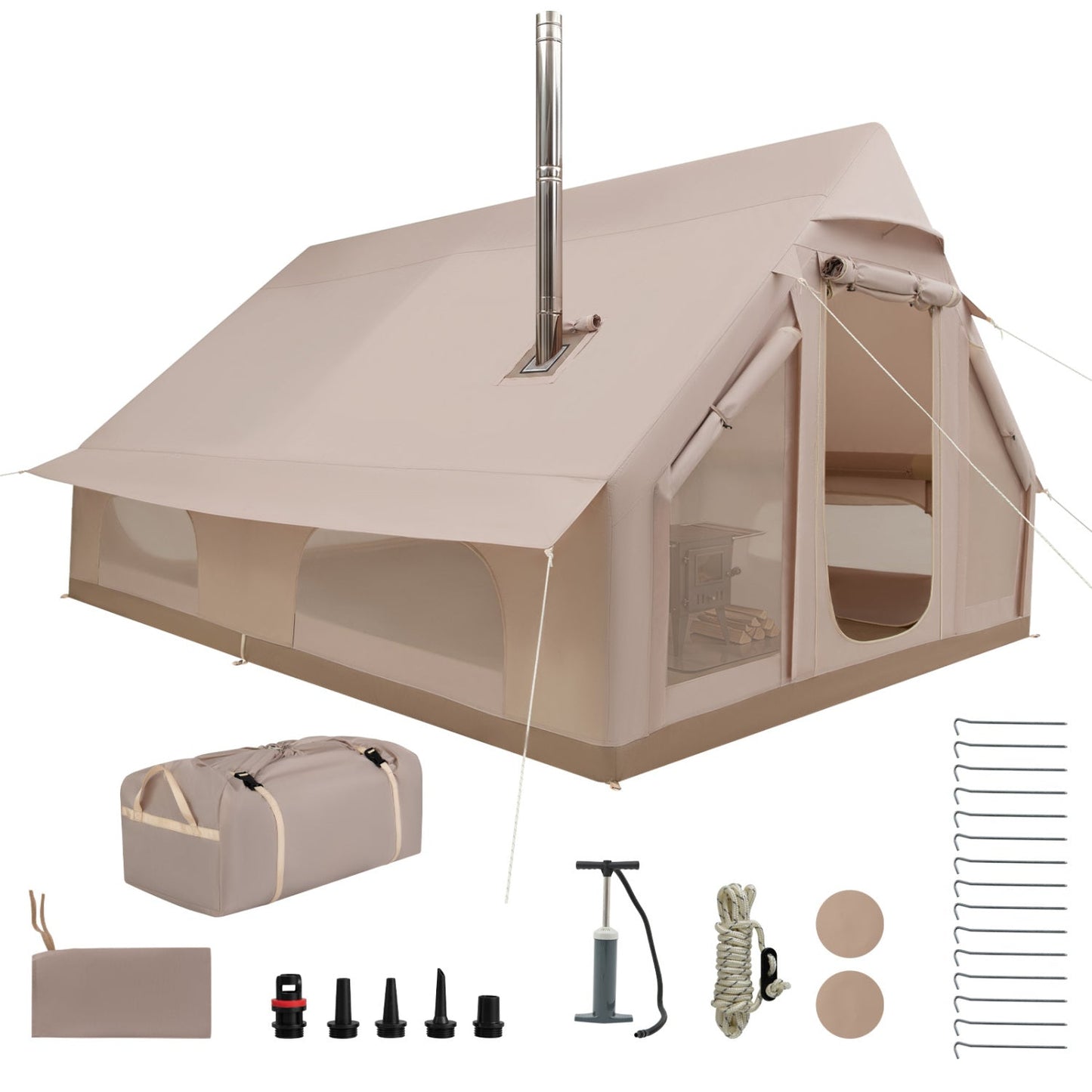 Inflatable camping tent GemGear 6-10 person beige with stove jack on Tampa Home & Garden Store