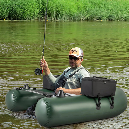 Inflatable fishing float tube DirectDeals in green with fish ruler and side gear bags on Tampa Home & Garden Store