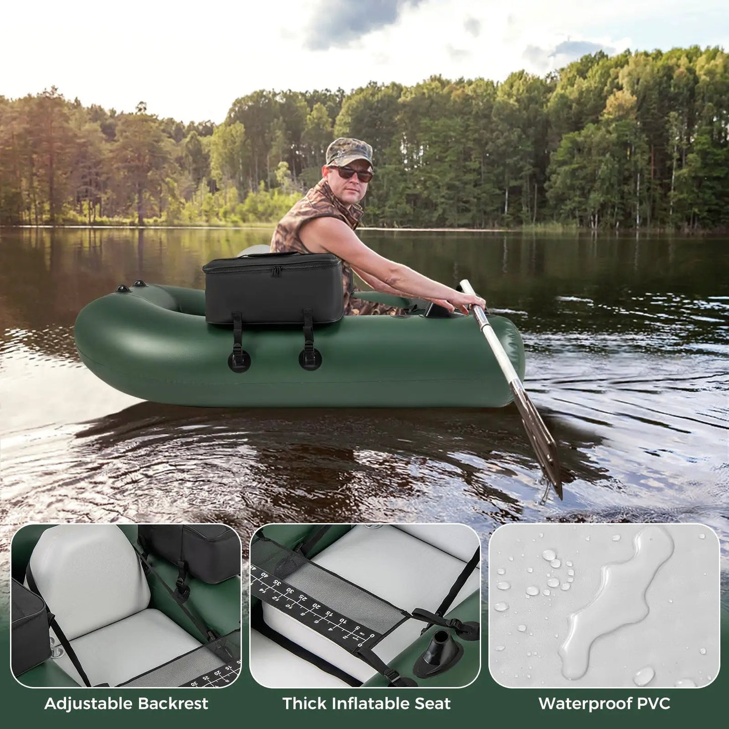 Inflatable fishing float tube with fish ruler, DirectDeals, green waterproof PVC on Tampa Home & Garden Store