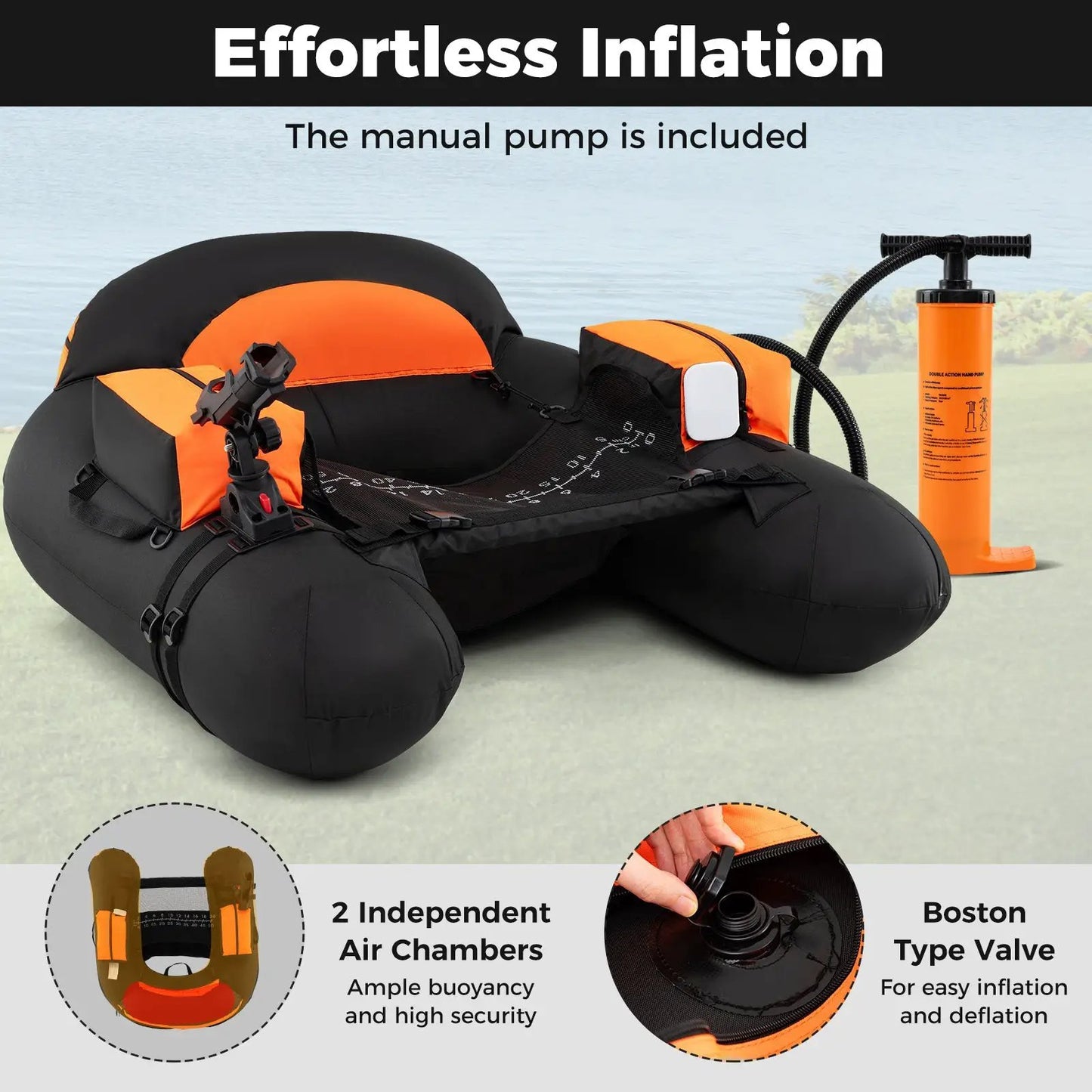 Inflatable Float Tube with Adjustable Rod Holder in black and orange with pump on Tampa Home & Garden Store