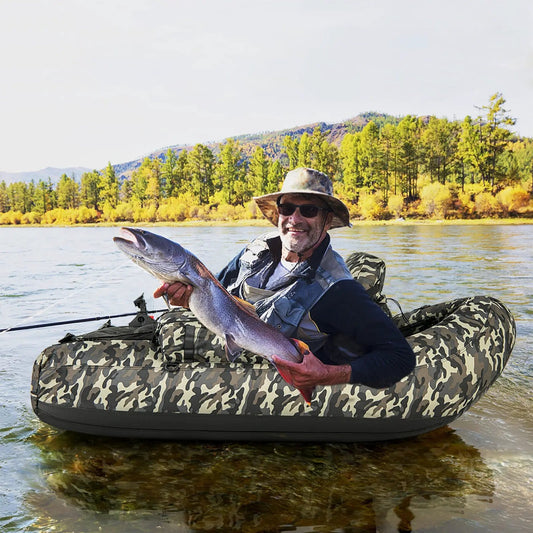 Inflatable Float Tube with Fish Ruler Rod Holder in camouflage; man on river holding fish on Tampa Home & Garden Store