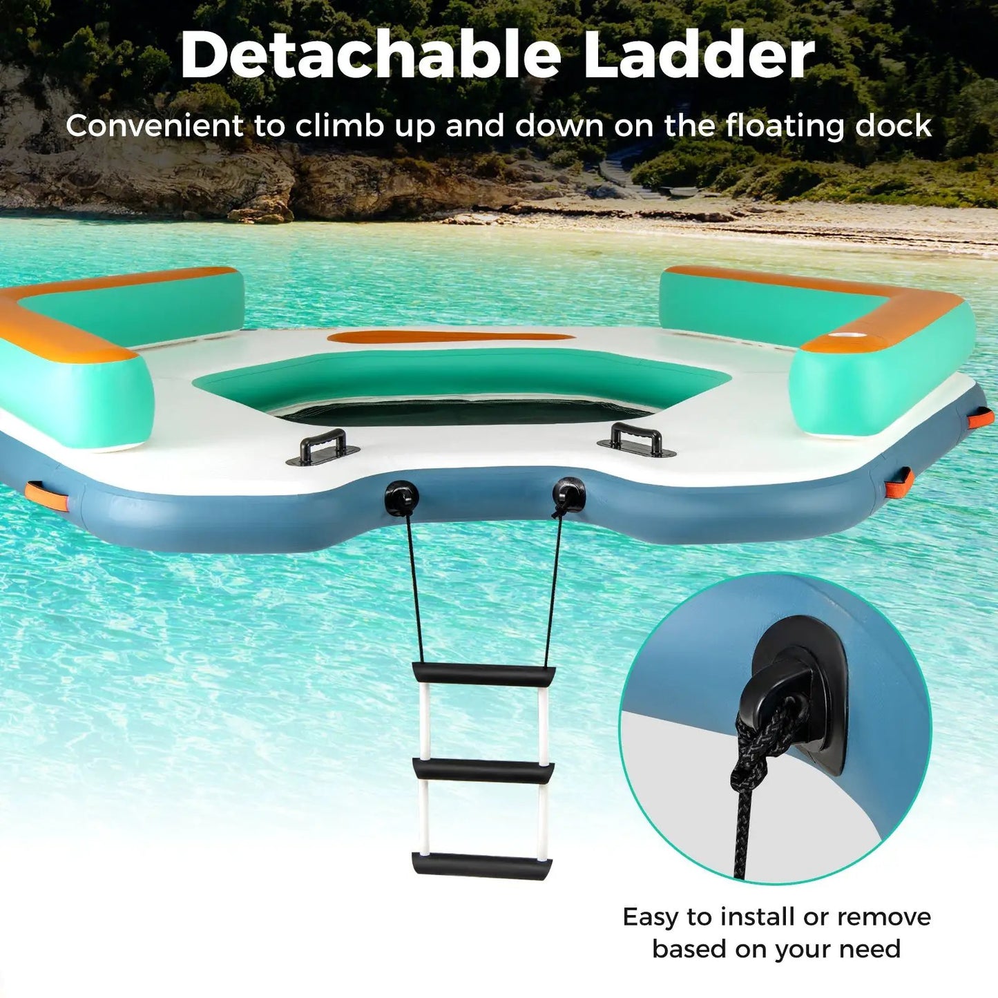 8.7 ft inflatable dock with teal mesh lounge and detachable ladder on Tampa Home & Garden Store
