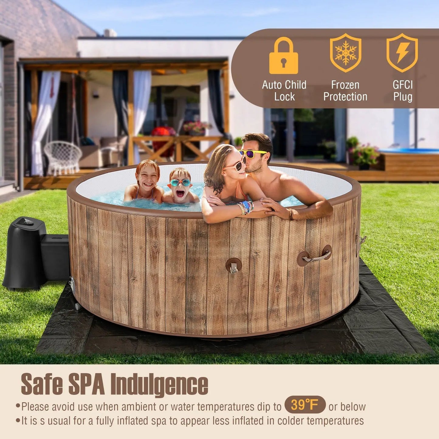 72-inch inflatable hot tub spa with 120 air jets, wood exterior, seats four in backyard on Tampa Home & Garden Store