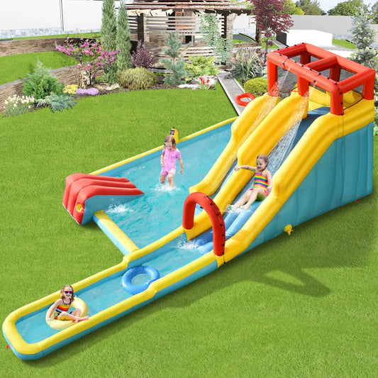 Seven in One Inflatable Dual Slide Water Park red frame with yellow dual slides on Tampa Home & Garden Store