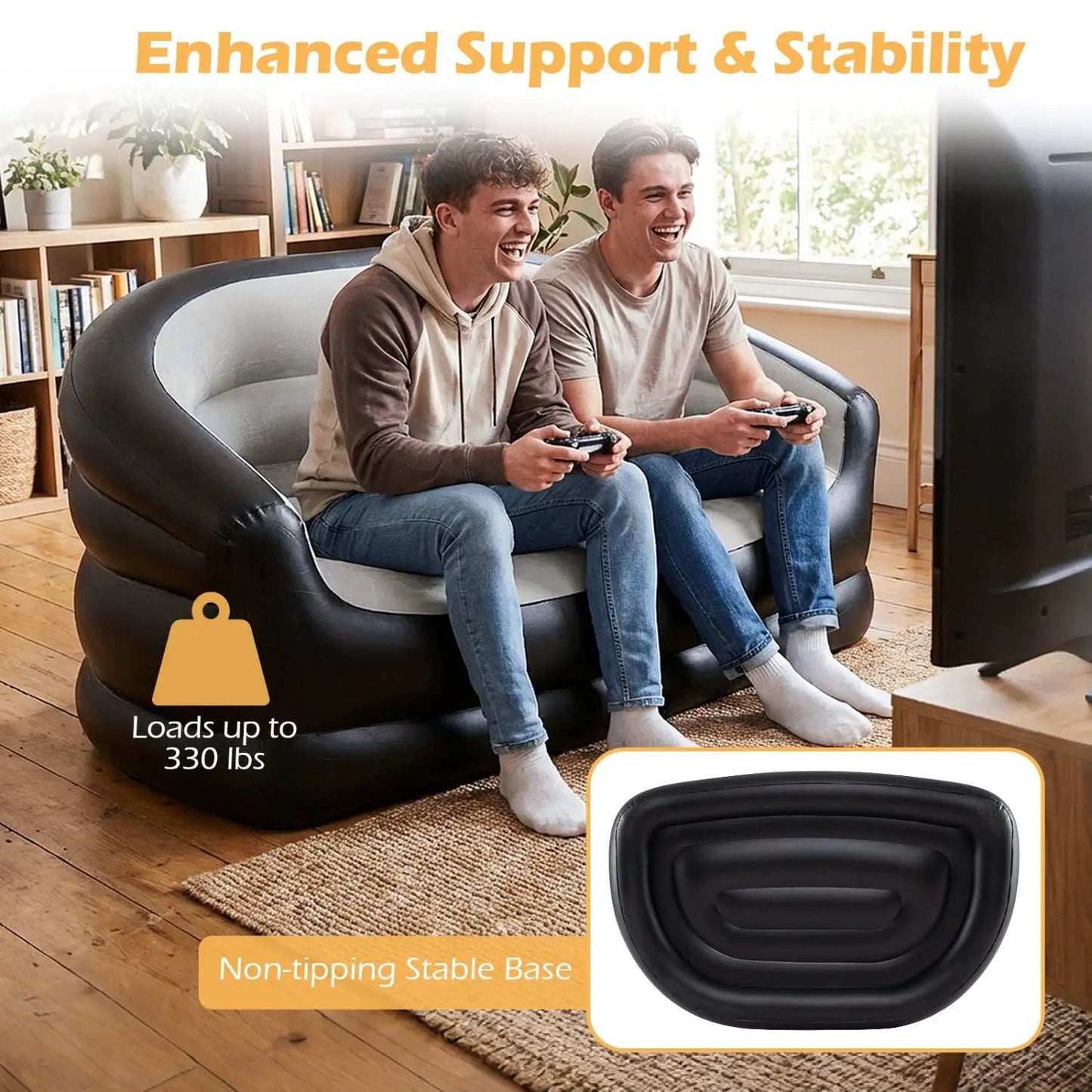Inflatable 2-seat loveseat, portable foldable couch in black with non-tipping base on Tampa Home & Garden Store