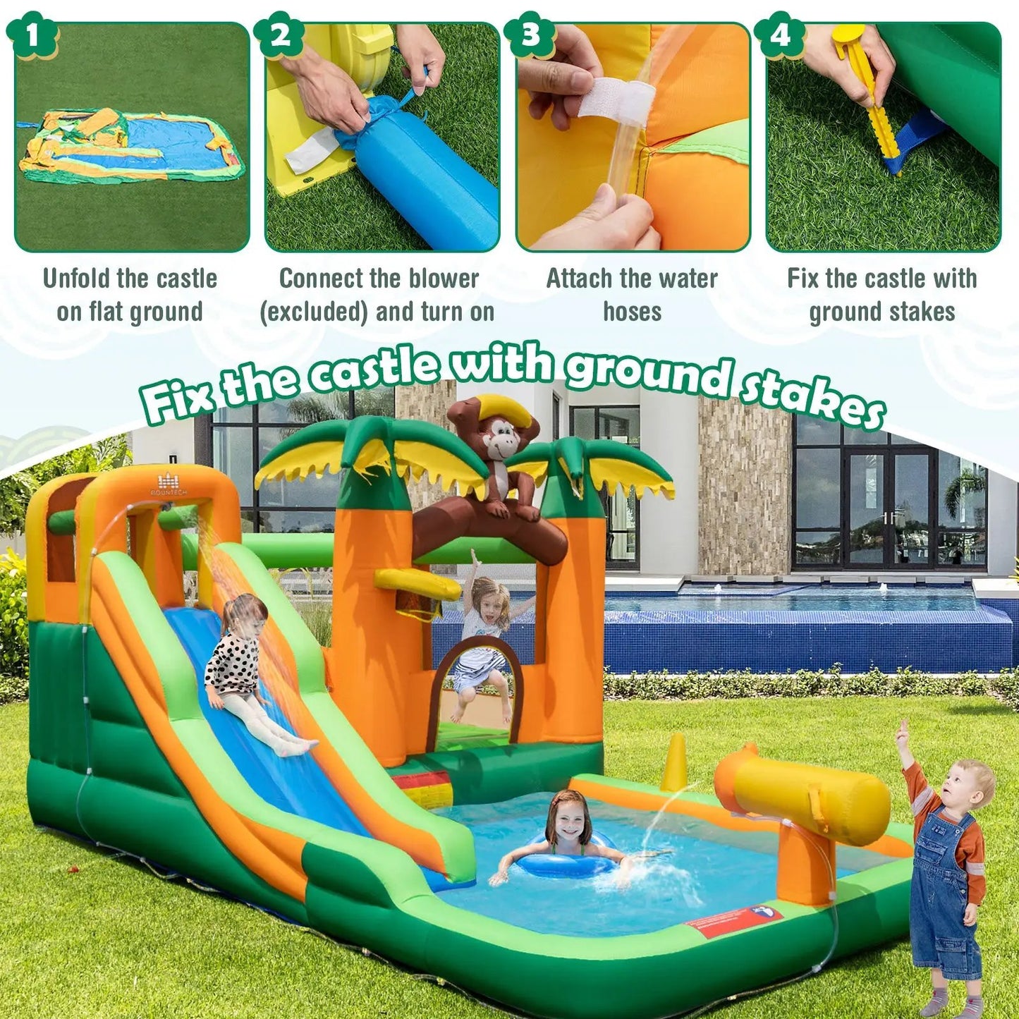 Monkey-themed inflatable bounce house with slide in orange green yellow by DirectDeals on Tampa Home & Garden Store