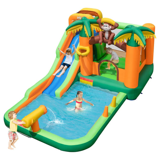 Monkey-themed inflatable bounce house with slide in green orange blue by DirectDeals on Tampa Home & Garden Store