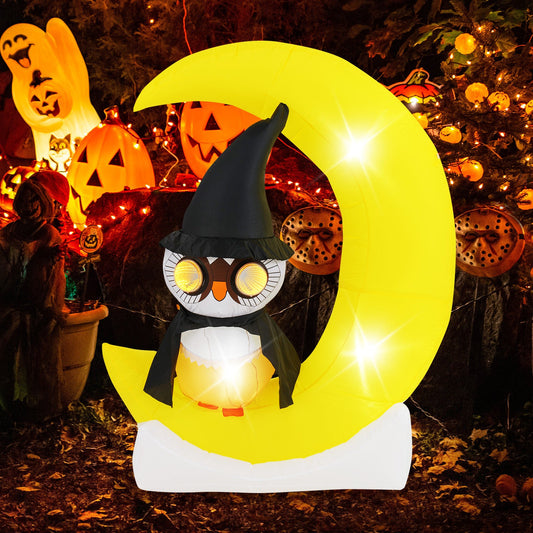 Inflatable Owl on Moon LED Lighted Halloween Decoration with Large Moon and Wizard Owl