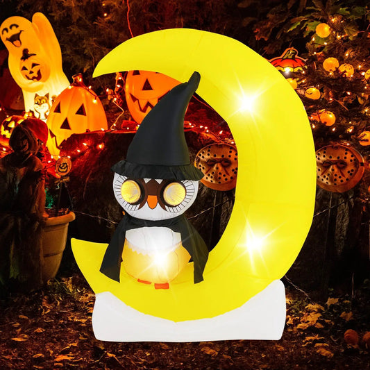 Inflatable Owl on Moon LED Halloween Decoration with bright yellow crescent moon on Tampa Home & Garden Store